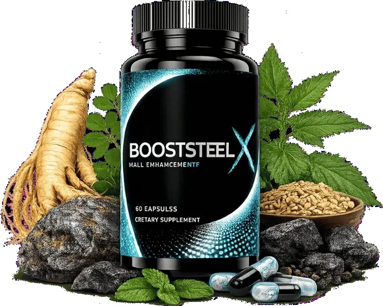 BoostSteelX male vitality capsule bottle surrounded by its botanicals: ginseng root, epimedium leaf, tribulus seed and capsules