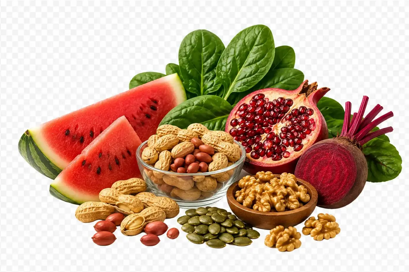 Watermelon, beetroot, spinach, walnuts and peanuts, dietary sources of the L-arginine and L-citrulline in BoostSteelX